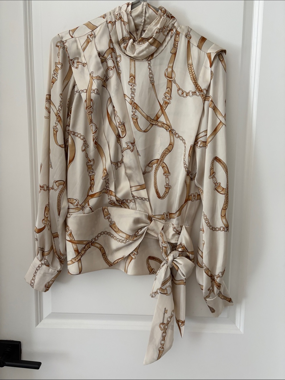 Ronny Kobo Chain-Print Tie-Waist Blouse - Cream
